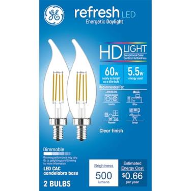 Imagem de GE Lâmpadas LED Refresh HD, 60W, luzes de vela de luz do dia, lâmpadas decorativas transparentes, base pequena (pacote com 2)