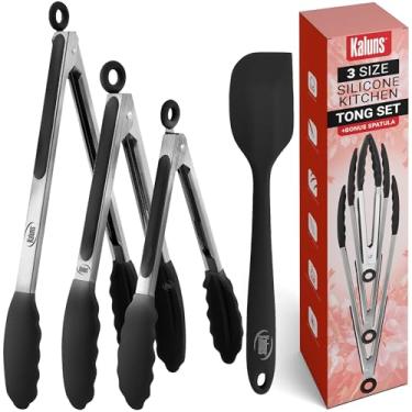 Imagem de Conjunto de pinças de cozinha da Kaluns, 4 peças de aço inoxidável de 17-22,86 cm de tonalidade + espátula de silicone bônus melhor antiaderente, resistente ao calor, utensílios de servir, a melhor coleção para cozinhar e assar, Preto, 4