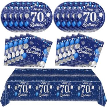 Imagem de SNIMICS Decorações Azuis de 70º Aniversário para Homens, Azul Marinho, Prata, Conjunto de Talheres para Feliz Aniversário de 70 Anos, Inclui Pratos, Guardanapos, Toalha de Mesa para Decoração de Festa