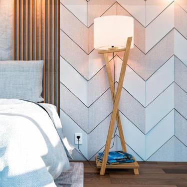 Imagem de Luminária De Chão Luna Abajur Cúpula Tecido Pés Em Madeira Sala Quarto