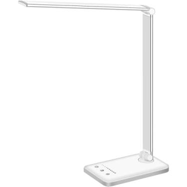 Imagem de White crown Lâmpada de mesa de LED regulável, lâmpada de leitura com porta de carregamento USB, 5 modos de iluminação, controle sensível, temporizador de 30/60 minutos (branco, primeira geração)