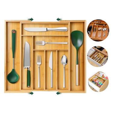 Imagem de Organizador de Gavetas Porta Talheres Utencílios Resistente Bambu Ajustável 7 Compartimentos