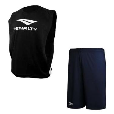 Imagem de Kit Penalty Futebol Colete + Calção Masculino, Preto, Marinho, GG