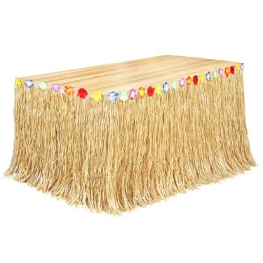 Imagem de Fovths Saia de Mesa com Grama Luau Natural de 2,5 m x 7,5 cm, Saia de Mesa Havaiana para Decorações de Festa Havaiana Tropical, Festa à Fantasia, Amarela Palha