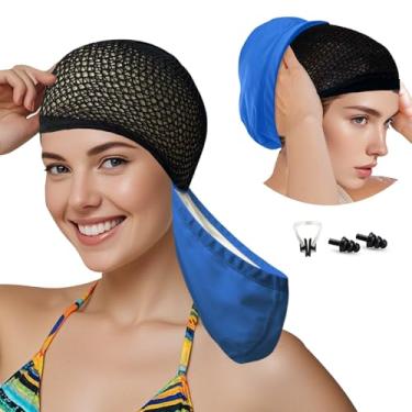 Imagem de Lynllsh Touca de natação feminina para cabelo comprido tecido PU touca de natação para mulheres homens adultos jovens com tampão de ouvido e clipe de nariz, chapéus de natação para proteger o cabelo