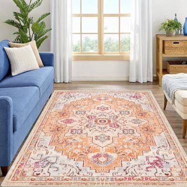 Imagem de Smiry Tapete de Área Boho Chique, 151.4 cm x 213.1, Laranja, Lavável na Máquina, Antiderrapante, Pelo Baixo, Estilo Boho, Tapete para Sala de Estar, Quarto, Sala de Jantar, Escritório
