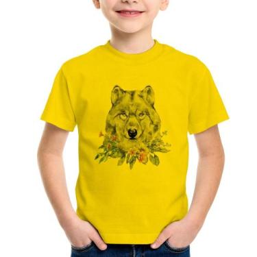 Imagem de Camiseta Infantil Lobo e Flores - Foca na Moda, Amarelo, 6