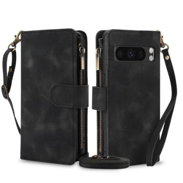 Imagem de Capa de celular tipo carteira transversal de couro para Google Pixel 8PRO com fecho magnético e compartimentos para cartões Google Pixel 7/6A/8 alça ajustável, disponível em preto e marrom (para