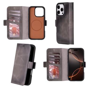 Imagem de Bayelon Capa carteira de couro para iPhone 16 Pro de 6,3 polegadas - capa flip para cartão, capa carteira para iPhone 16 Pro, capa fólio, suporte, RFID compatível com MagSafe, capa de couro real para