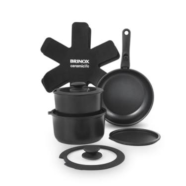 Imagem de Brinox - Jogo de Panelas Antiaderente Ceramic Life 10 Peças Cabo Removível Fit - Preto