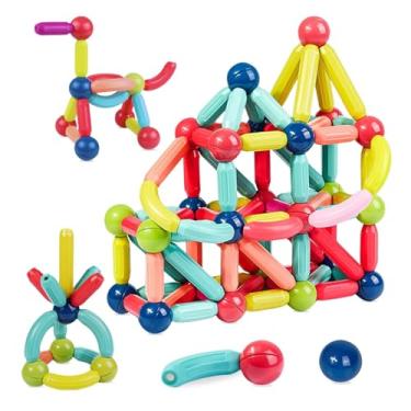 Imagem de Blocos Magnéticos de Montar Infantil Brinquedo Educativo Bolas e Bastões 64 Peças