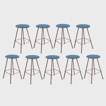 Imagem de Kit 09 Banqueta Alta Loni Eiffel Industrial Cozinha Bar Balcão Bistrô Ferro Bronze Suede Azul Turquesa - Ahz Móveis