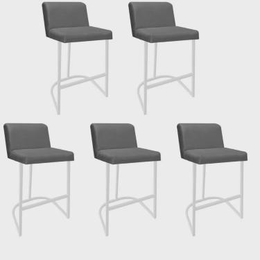 Imagem de Kit 05 Banquetas Com Encosto Noah Luxo Confort Bistrô Cozinha Ferro Branco Corino Cinza - Ahz Móveis