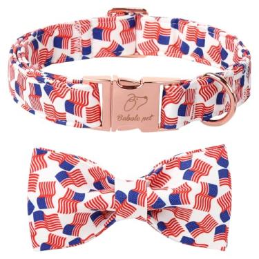 Imagem de Babole Pet Coleira para cães com bandeira americana com gravata borboleta - 4 de julho com bandeira dos EUA, coleira de gravata borboleta, dia da independência, segurança patriótica, para cães