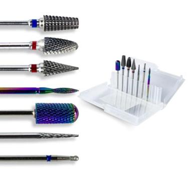 Imagem de Kit 7 Brocas Tungstênio Diamantada + Caixa Suporte Unhas Gel - Arte Se