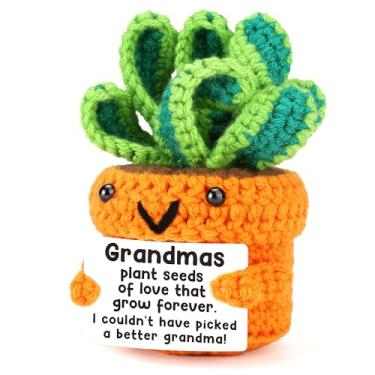 Imagem de LEJIAJINW Presentes para o Dia das Mães para avó Gigi Nana Grammy Presentes de aniversário engraçados de cesta de Páscoa decorações, mini boneca fofa feita à mão em crochê emocional positivo em vaso