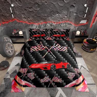 Imagem de jejeloiu Jogo de cama casal com carro de corrida vermelho, esportes radicais, conjunto de edredom para crianças, adolescentes e adultos, velozes e furiosos, conjunto de edredom com bandeira