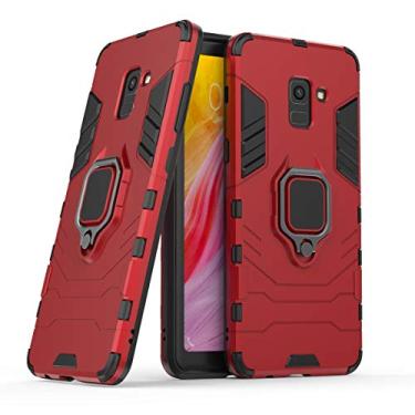 Imagem de Compatível com Samsung Galaxy A8 Plus (2018) Capa Prova de Choque de Camada Dupla, Anel Giratório de 360 com Suporte de Celular para Carro (Vermelho)