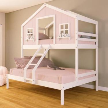 Imagem de Beliche Casal/ Solteiro Casinha dos Sonhos Madeira Maciça Rosa/ Branco