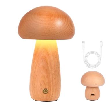 Imagem de JIYUERLTD Luz noturna de cogumelo de madeira, lâmpada de mesa LED recarregável por USB, luminária de berçário fofa e aconchegante regulável, luminária de mesa decorativa de madeira de faia (grande)