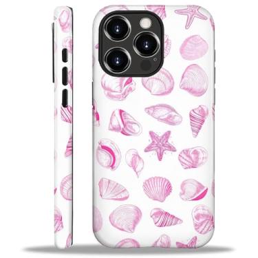 Imagem de Capa compatível com iPhone 16 Pro, capa rígida híbrida de policarbonato de 2 camadas + capa protetora de silicone, conchas delineadas em rosa e estrela do mar resistente a arranhões à prova de choque