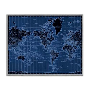 Imagem de Stupell Industries Arte giclée emoldurada cinza mapa-múndi em tons de azul, design de Phillipa Katz, 35,5 x 28,5 cm