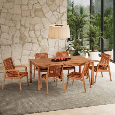Imagem de Conjunto 6 Cadeiras 1 Mesa 180cm - Varanda Coberta/Área Gourmet Traço Stain Jatobá/Corda Ocre laranja