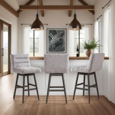 Imagem de Armen Living Banqueta giratória Elias Gray estofada de madeira maciça 76 cm com altura de barra com assento de tecido cinza - conjunto de 3