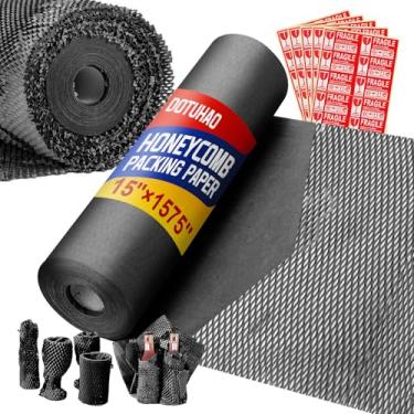 Imagem de DOTUHAO Papel de embalagem de favo de mel, papel de embalagem preto de 38 cm x 37 m, papel de embrulho para transporte de embalagem, suprimentos de mudança recicláveis com etiquetas adesivas frágeis e