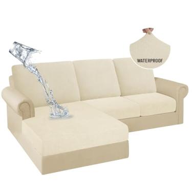 Imagem de HDCAXKJ Capas de almofada de sofá 100% à prova d'água, 6 peças, capa seccional em forma de L, capa de sofá elástica jacquard (bege claro, 2 lugares + 3 encostos + 1 espreguiçadeira)