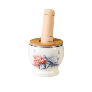 Imagem de Tigela Moedora Moagem de cerâmica com argamassa e pilão de madeira Moedor de alho de cerâmica Prensa de alho para cozinha Casa Spice Pounder Moedor Triturador