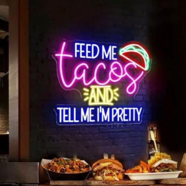 Imagem de XIMAQIS Placa De Neon Personalizada - Alimente-Me Com Tacos E Diga Que Sou Bonita, Decoração Parede Para Restaurante Mexicano, Festa Tacos, Luz Noturna Café, Bar Casa. Tamanho: 45X38 Cm