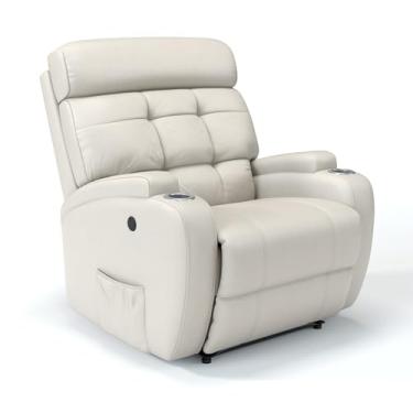 Imagem de Poltrona do Papai Reclinável Elétrica bivolt Revestimento em Couro Bovino Com Massageador - Modelo Florença (Off White)