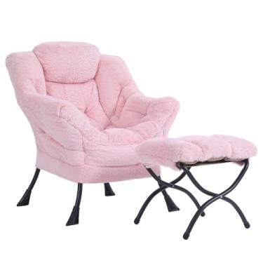 Imagem de Givjoy Cadeira preguiçosa de pelúcia e otomana, grande poltrona contemporânea com apoios de braços e um bolso lateral, poltrona de leitura de sofá estofada de lazer moderna com apoio para os pés para