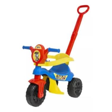 Imagem de Triciclo Infantil com Empurrador, Assento Amarelo e Azul, Rodas Grandes, Design Colorido