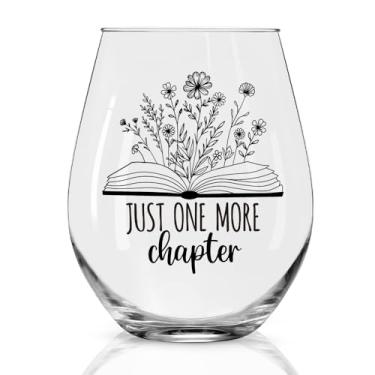 Imagem de Perfectinsoy Just One More Chapter Taça de vinho sem haste, presentes de aniversário para amantes de livros, bibliófilos, leitores, bibliotecários, presentes de taça de vinho para mulheres, amigas