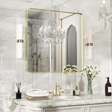 Imagem de Fun Memories Espelho de banheiro dourado 81 x 81 cm, espelho grande com moldura dourada de metal, espelho de parede moderno para banheiro, vidro temperado, espelho de fazenda, horizontal ou