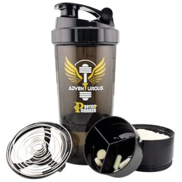 Imagem de Protein Shaker Garrafa com armazenamento para pó e pílulas – à prova de vazamento, livre de BPA, copo misturador suave aventureiro para shakes de proteína, 473 ml, preto