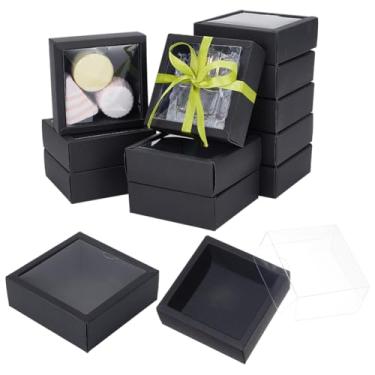 Imagem de BENECREAT 20 caixas de papel quadradas com janela de PVC, presente de papel preto de 8 x 8 x 3,5 cm para embalagem, lembrancinha de casamento, presente de festival, chocolates, biscoitos, pequenos
