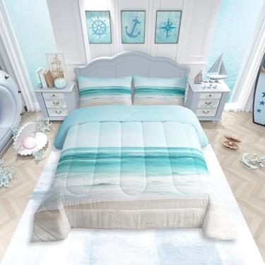 Imagem de jejeloiu Conjunto de edredom casal, temática de praia, oceano, para meninos, meninas, adolescentes, náutico, respirável, estrela-do-mar, concha do mar, conjunto de edredom para praia havaiana