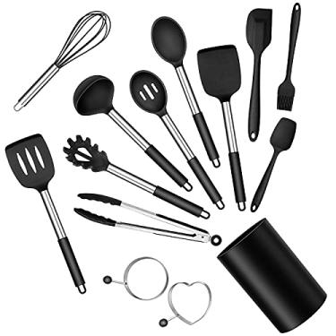 Imagem de Conjunto de utensílios de cozinha de silicone, conjunto de utensílios de cozinha pretos E-far com suporte, espátulas de utensílios de cozinha com alça de aço inoxidável para panelas antiaderentes, resistentes ao calor e podem ser lavadas na lava-louças