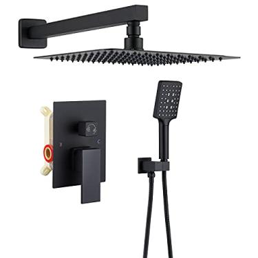 Imagem de Sistema de chuveiro preto fosco com ducha de chuva de latão de 25 cm de alta pressão com sistema de chuveiro de chuva, conjuntos de torneiras de chuveiro completo com corpo de válvula e acabamento montado na parede