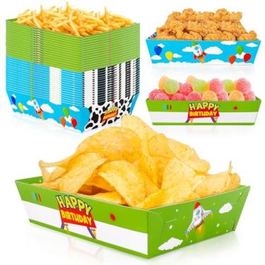 Imagem de 36 Pcs Cartoon Story Paper Food Tray, Disposable Blue Sky White Clouds Rocket Snack Cow Double Sided Foldable Bowls Happy Birthday Cartoon Toy Theme for Birthday Party Supplies (2 Styles)
