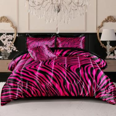 Imagem de Conjunto de cama com estampa de zebra, rosa, cetim rosa choque, estampa de zebra, tema de vida selvagem africana, seda como seda, em uma bolsa, preto e rosa