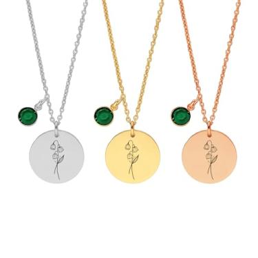 Imagem de Ida Memory Colar feminino com pedra esmeralda personalizada com flor de nascimento, presentes personalizados para ela, presentes de aniversário com lírio de Vally e pedra do nascimento, May, Aço