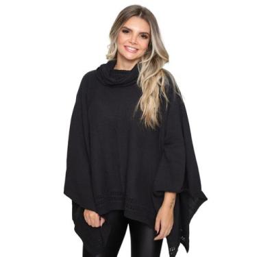 Imagem de Poncho Feminino Tricô Lã Gola Alta Confortavél Tendência Frio - Rosile