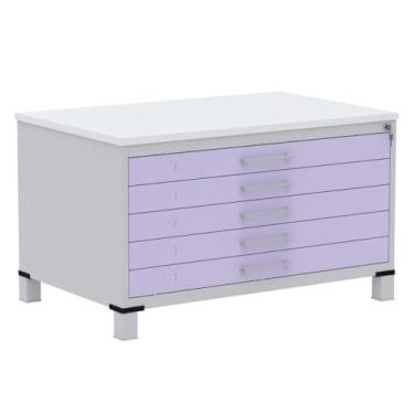 Imagem de Mapoteca 5 Gavetas Pandin 120 cm (larg) Inmetro Tampo Mdp Branco Estrutura Aço Cinza Gavetas Lilás