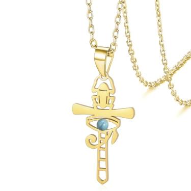 Imagem de VASSAGO Colar com cruz Ankh, aço inoxidável, olho de Hórus, pingente de escaravelho, joias egípcias antigas, presentes para mulheres e homens, Adjustable, Aço inoxidável, Sem Pedra Preciosa