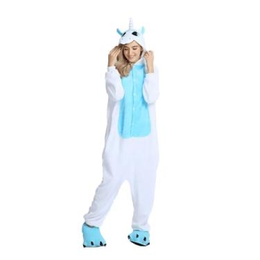 Imagem de Kigurumi Masculino Roupa de Inverno Fantasia Pijama Unicornio Quentinho com Capuz Bordado Rosa Azul Roxo ou Branco (Branco e Azul, KIT PP)