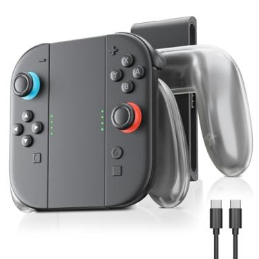 Imagem de Pega de carregamento compatível com Switch 2 Joycon, pega ergonómica transparente para suporte do controlador Switch com luzes LED, carregamento rápido magnético, jogar enquanto carrega, inclui cabo USB